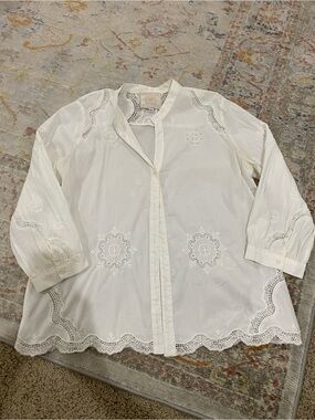 Johnny Was White Embroidered Eyelet Button-Front Blouse